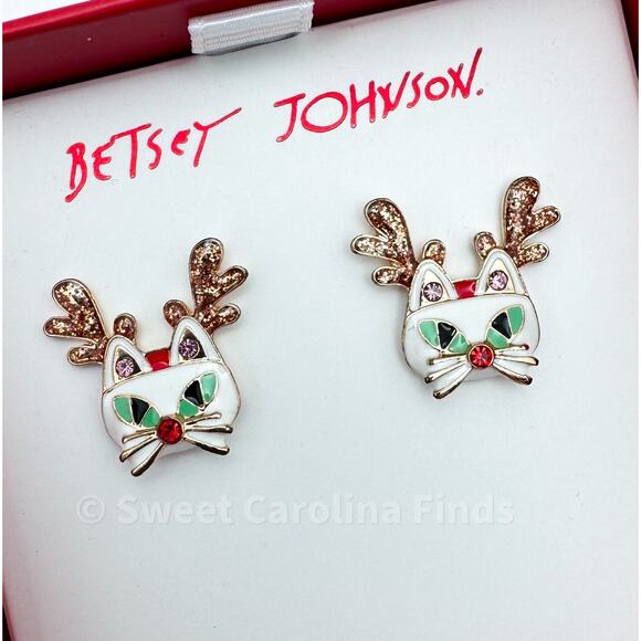 Betsey Johnson Christmas Cat Reindeer Earrings Teacher Gift White Enamel NEW - Picture 2 of 4